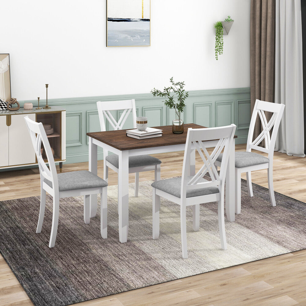 ya 28 Minimalist Wood Rustic 5-Piece Dining Table Set White with 4 X-Back Chairs ,