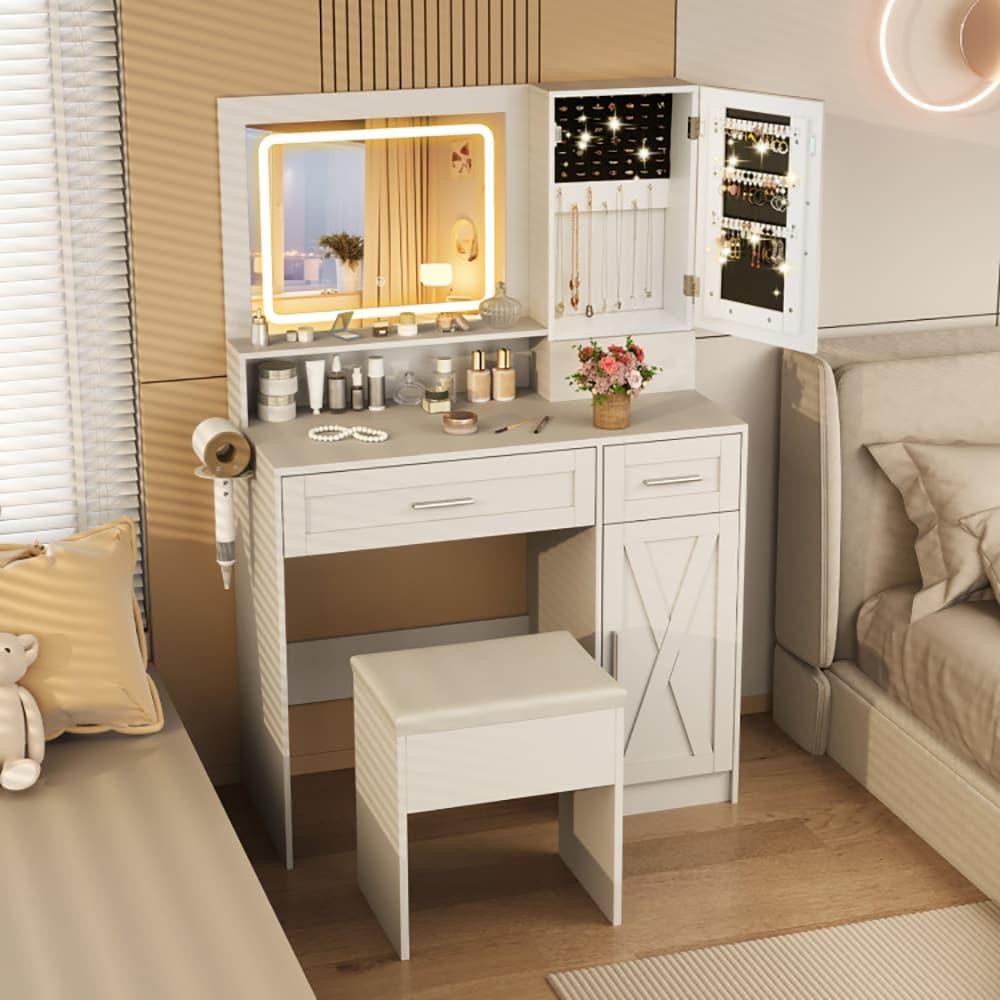 ya 28 White Makeup Vanity Desk W/Mirror and Lights Dressing Table And Stool Set
