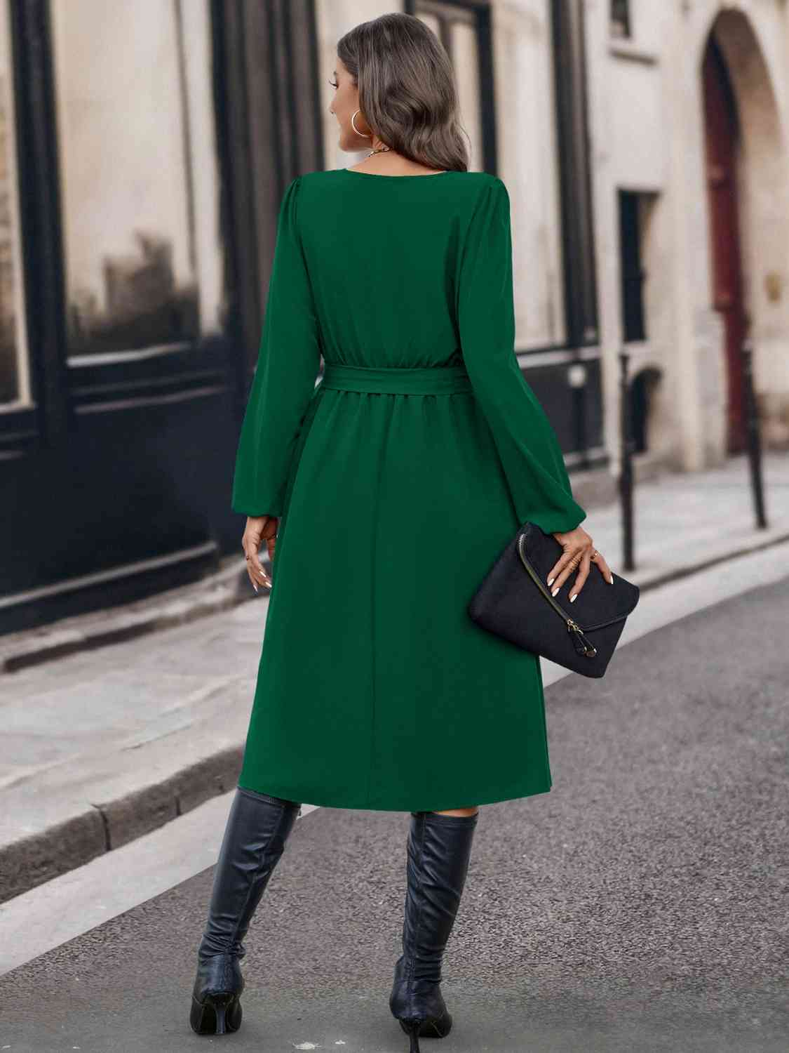 Buttoned Tie Front Long Sleeve Asymmetrical Neck Dress - Create the impossible