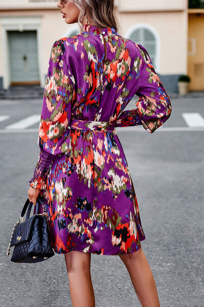 Printed Tie Waist Mock Neck Lantern Sleeve Dress - Create the impossible