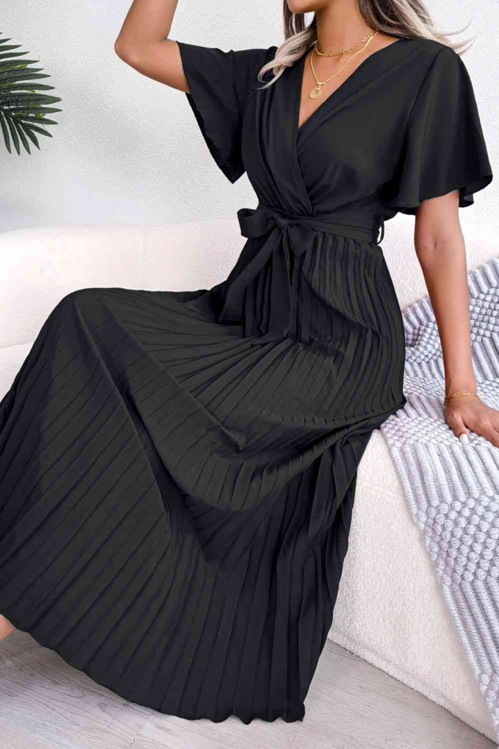 Pleated Flutter Sleeve Belted Dress - Create the impossible