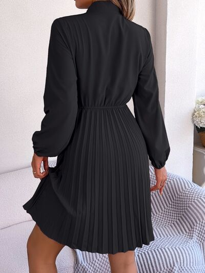 Tie Neck Balloon Sleeve Pleated Dress - Create the impossible
