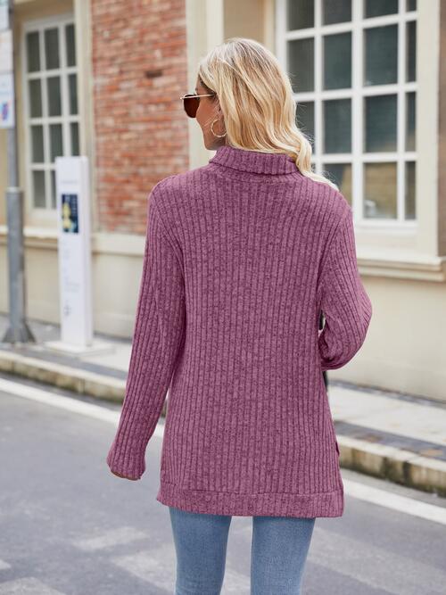 Ribbed Turtleneck Long Sleeve Slit Knit Top - Create the impossible