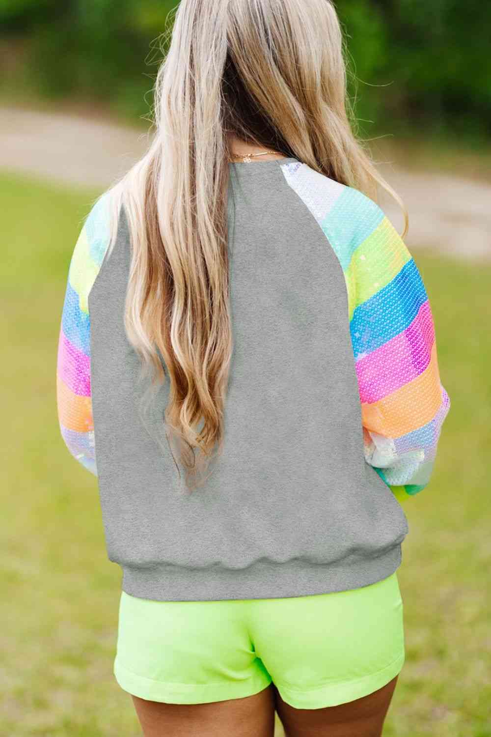 Sequin Round Neck Color Block Sleeve Sweatshirt