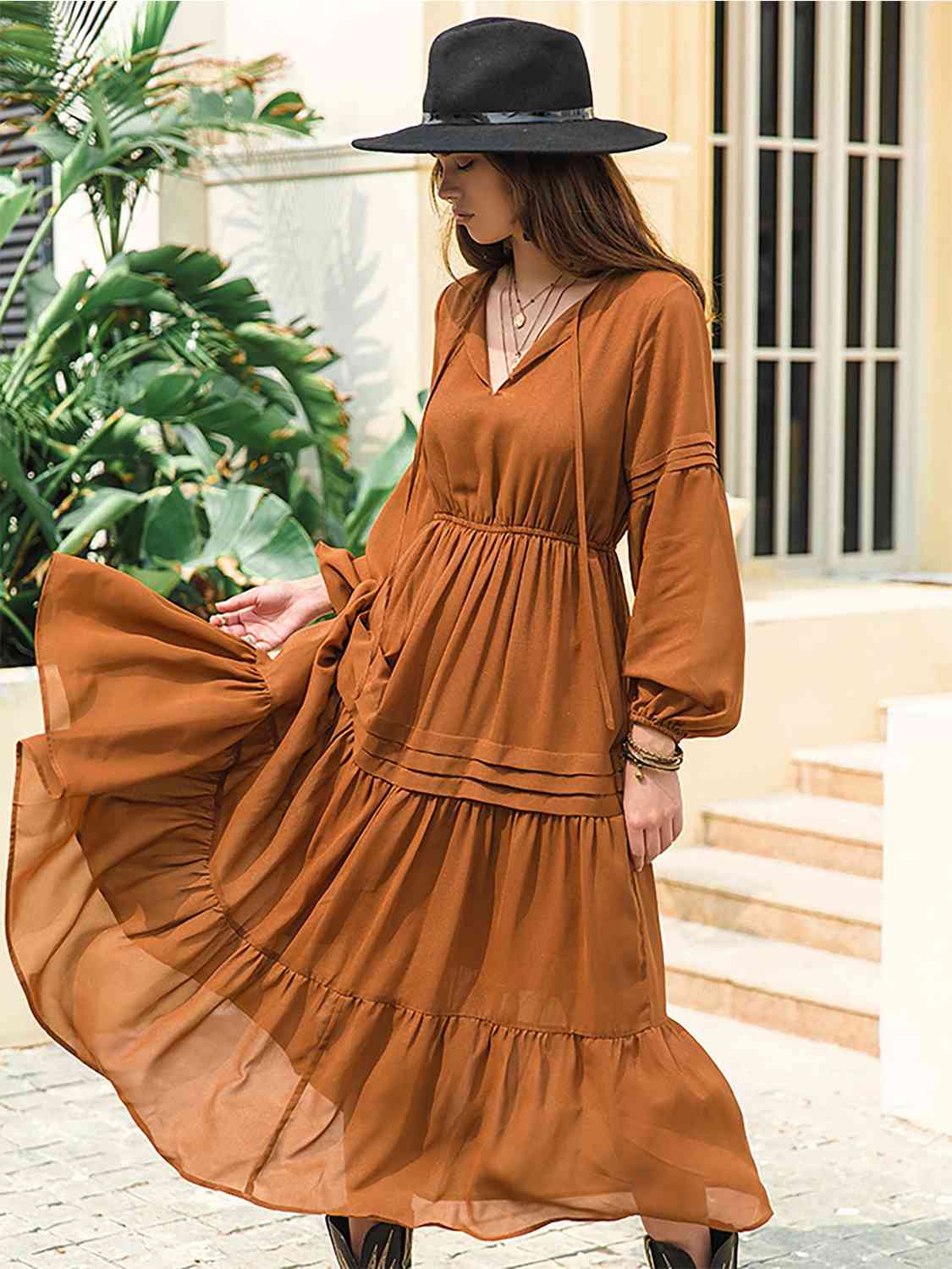 Tie Neck Long Sleeve Midi Tiered Dress - Create the impossible
