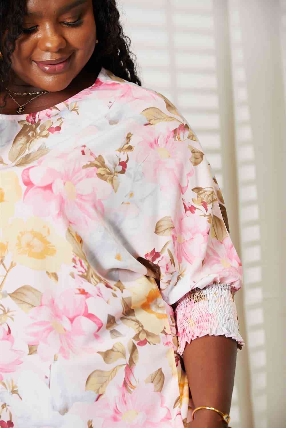 Double Take Floral Round Neck Three-Quarter Sleeve Top - Create the impossible