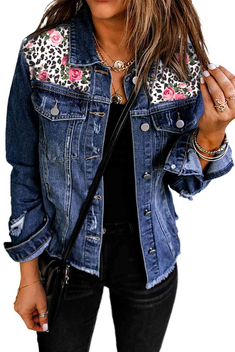 Mixed Print Distressed Button Front Denim Jacket - Create the impossible
