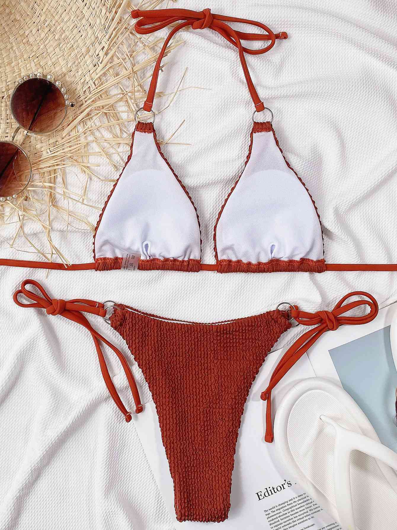 Textured Halter Neck Tie Side Bikini Set - Create the impossible