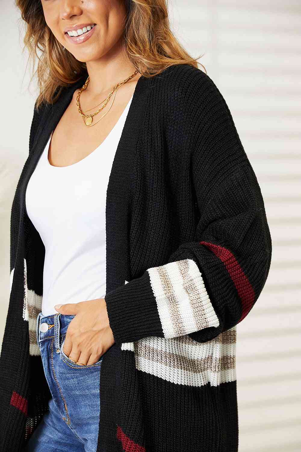 Double Take Striped Rib-Knit Drop Shoulder Open Front Cardigan - Create the impossible