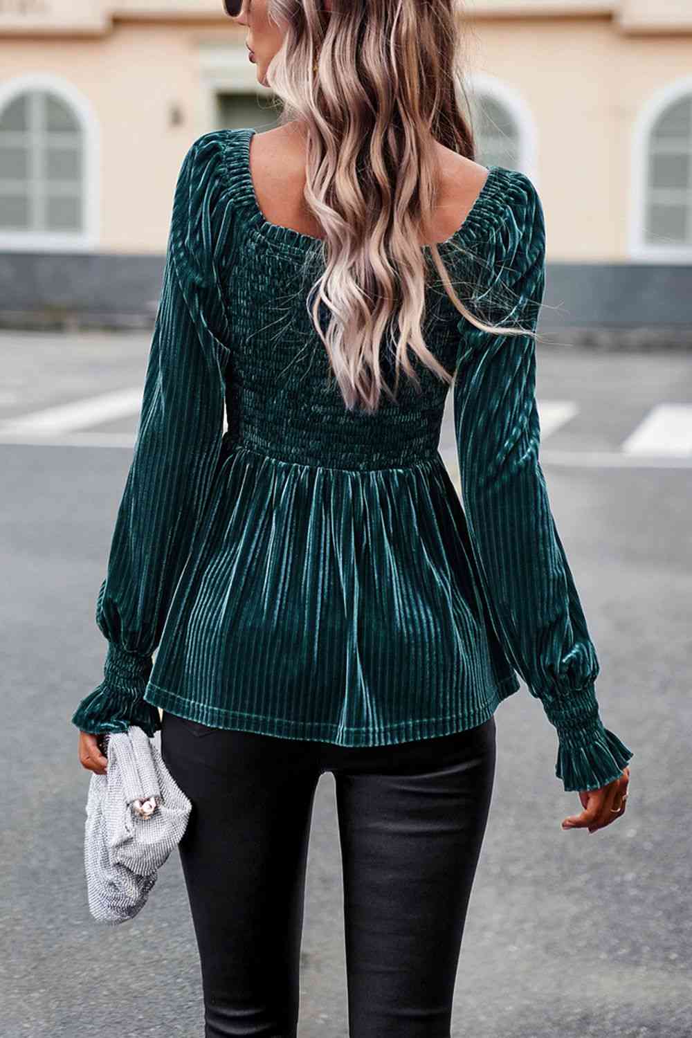 Smocked Square Neck Long Sleeve Blouse - Create the impossible