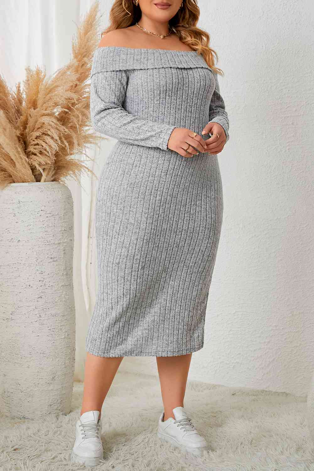 Plus Size Square Neck Long Sleeve Slit Dress - Create the impossible