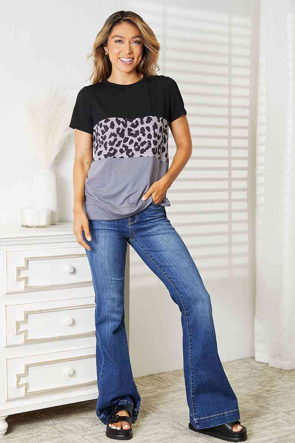Double Take Leopard Print Color Block Short Sleeve T-Shirt - Create the impossible