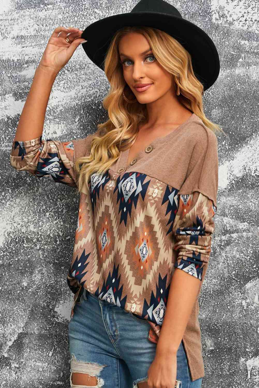 Brown Western Print Buttoned V Neck Top - Create the impossible