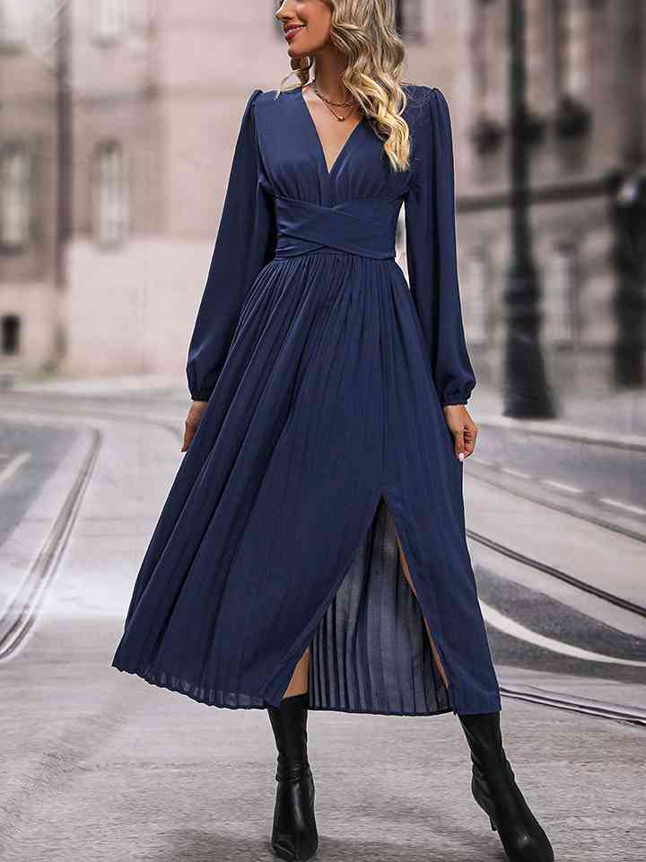 V-Neck Long Sleeve Pleated Slit Dress - Create the impossible