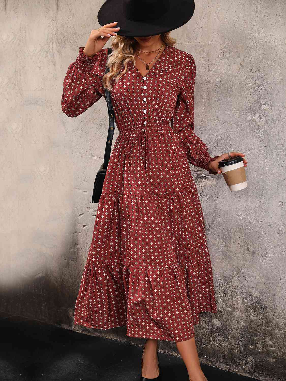 Printed Tiered V-Neck Buttoned Midi Dress - Create the impossible