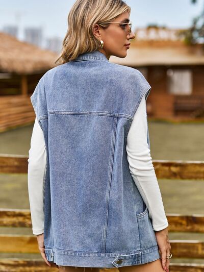 Button Up Collared Neck Sleeveless Denim Jacket - Create the impossible