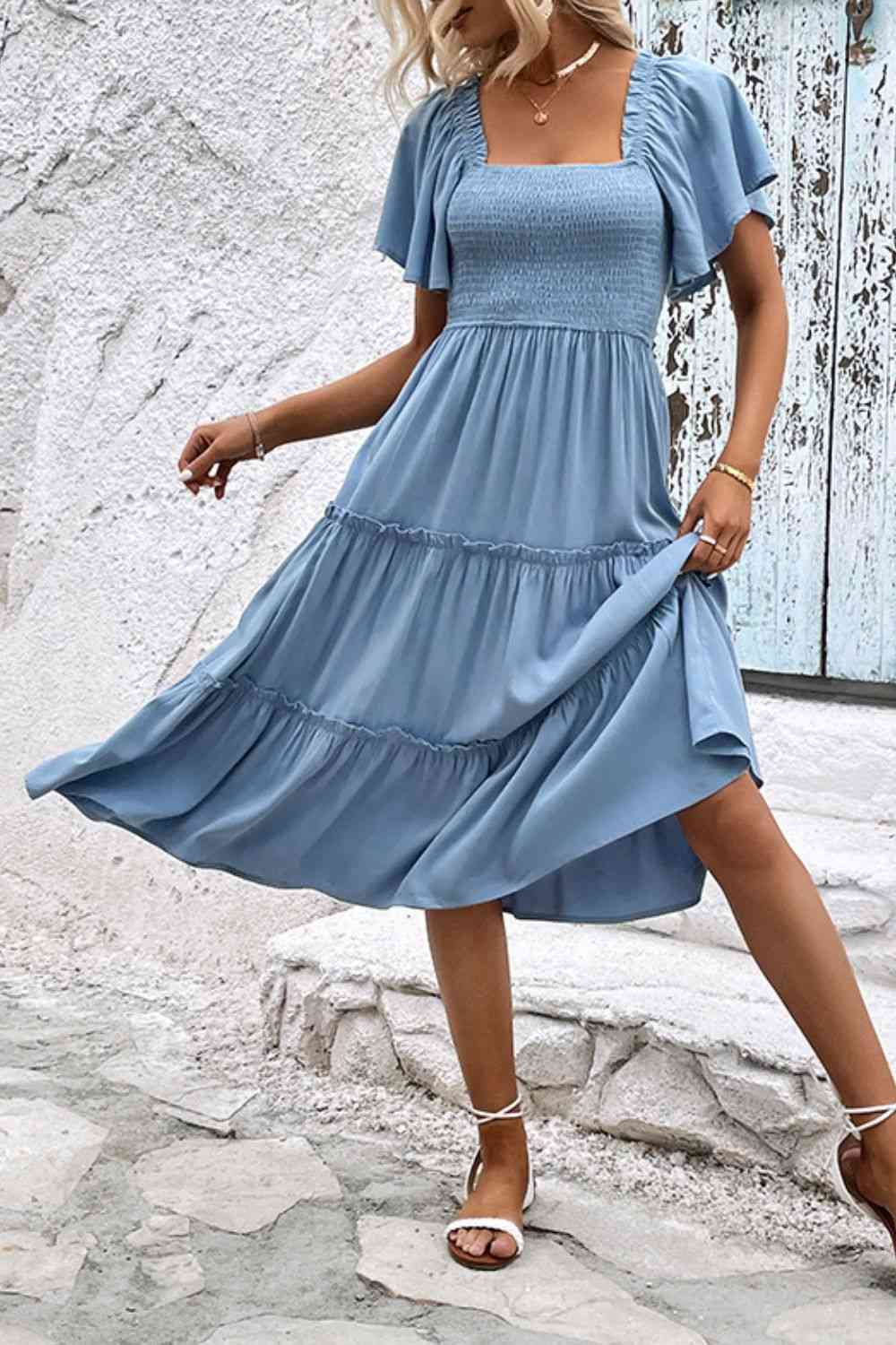 Smocked Square Neck Frill Trim Dress - Create the impossible