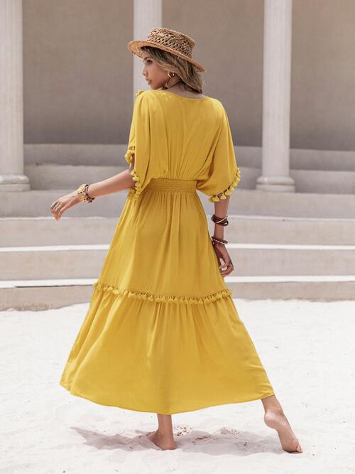 Tassel Trim Smocked V-Neck Short Sleeve Dress - Create the impossible