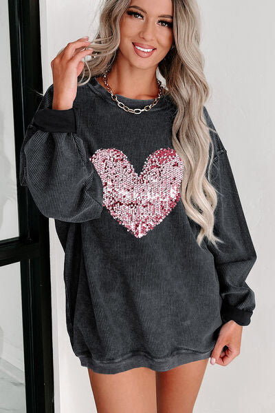 Heart Sequin Round Neck Sweatshirt - Create the impossible
