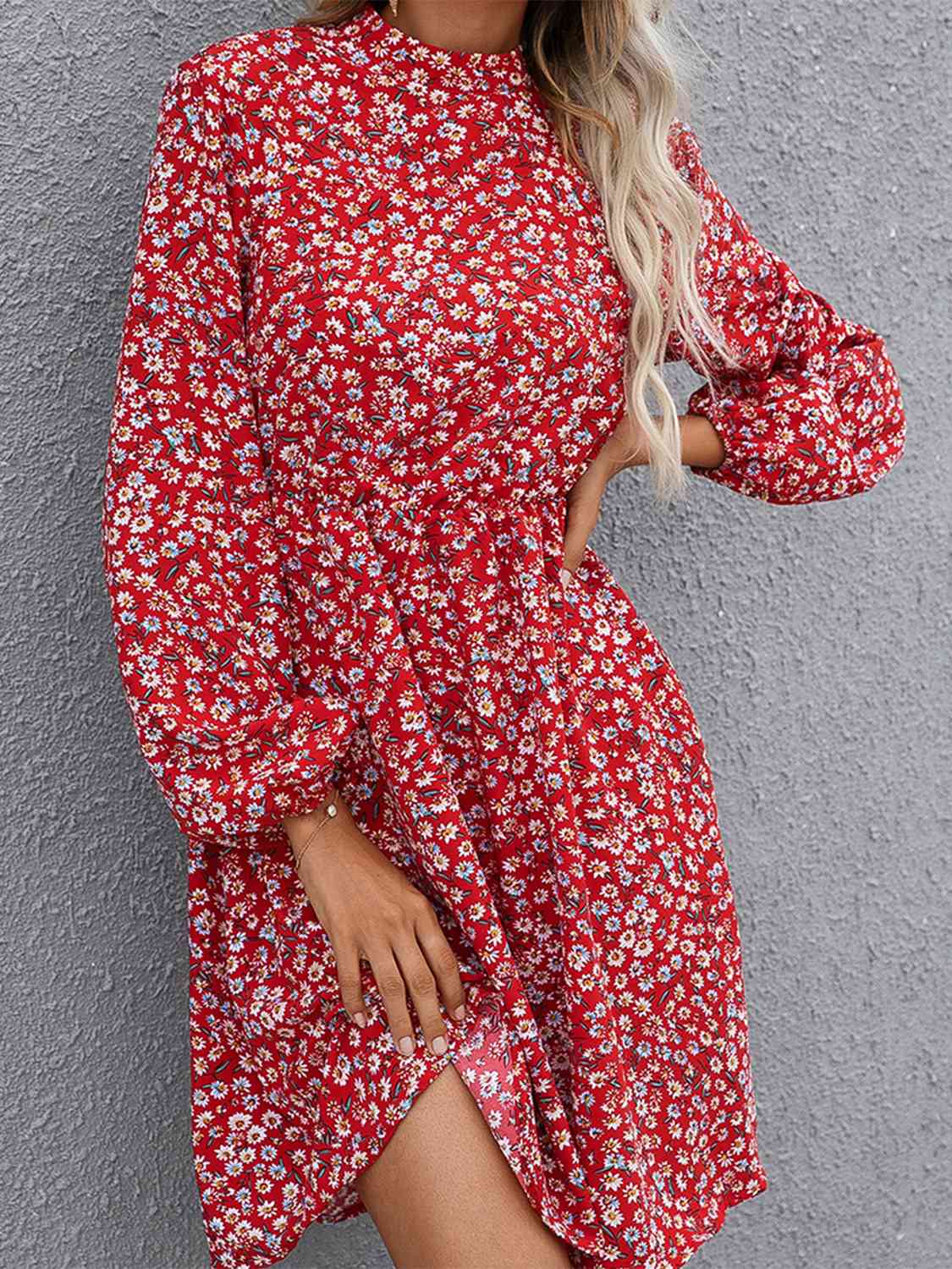 Floral Mock Neck Long Sleeve Dress - Create the impossible