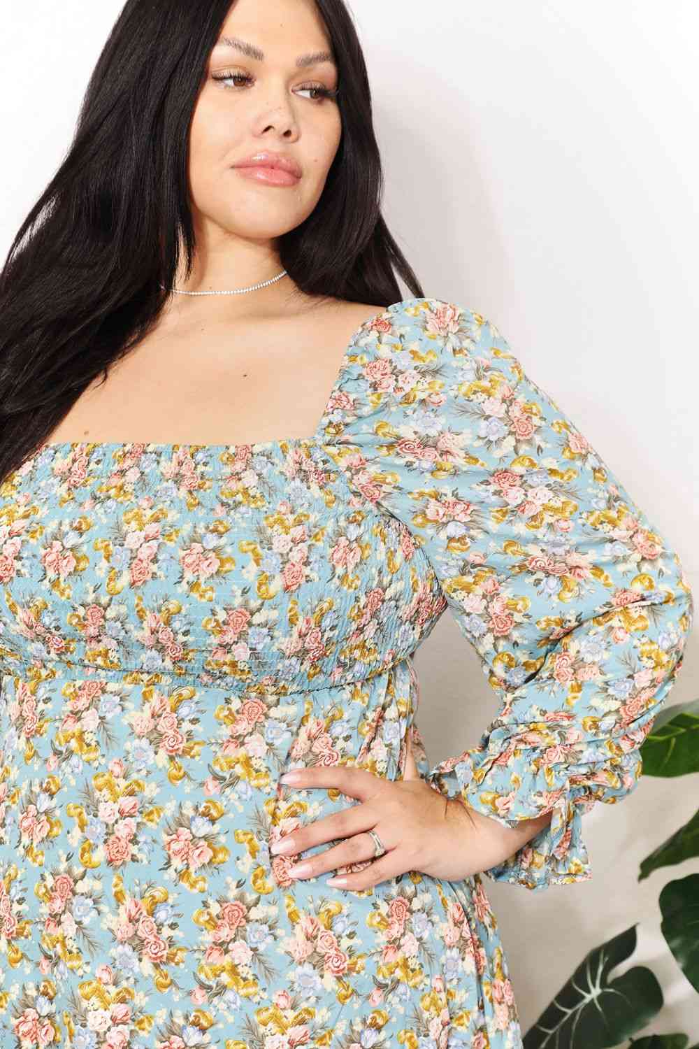 Double Take Floral Smocked Flounce Sleeve Square Neck Dress - Create the impossible