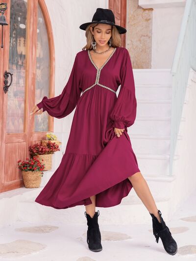 V-Neck Lantern Sleeve Ruffle Hem Dress - Create the impossible