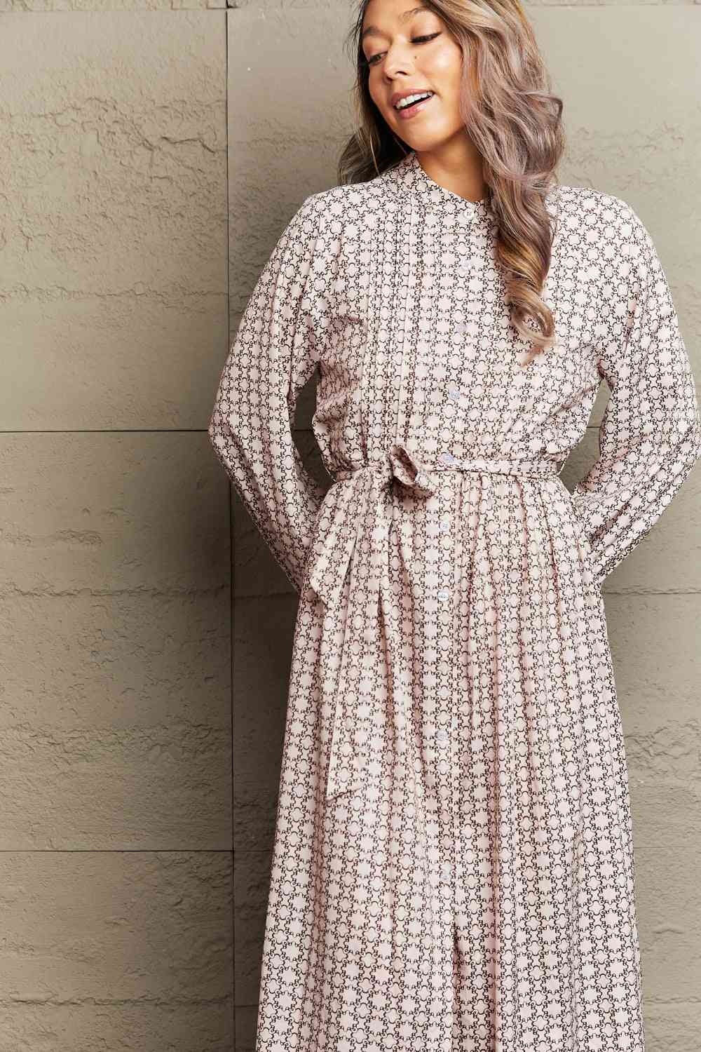 Printed Tie Waist Long Sleeve Dress - Create the impossible
