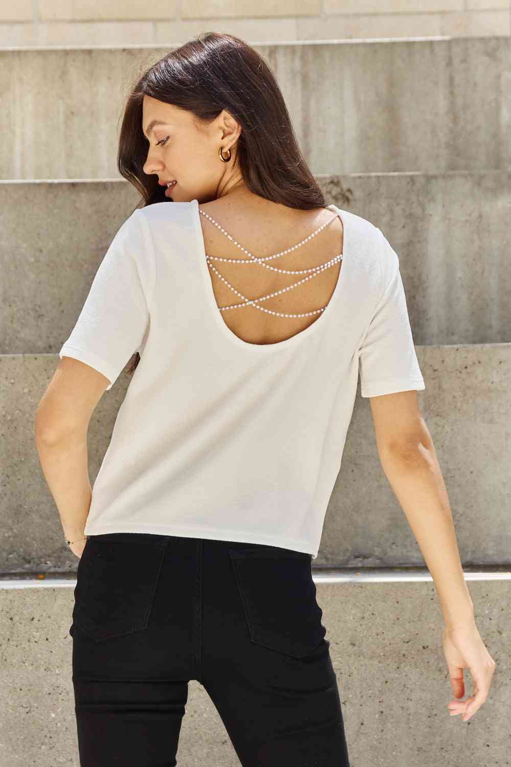 And The Why Pearly White Full Size Criss Cross Pearl Detail Open Back T-Shirt - Create the impossible
