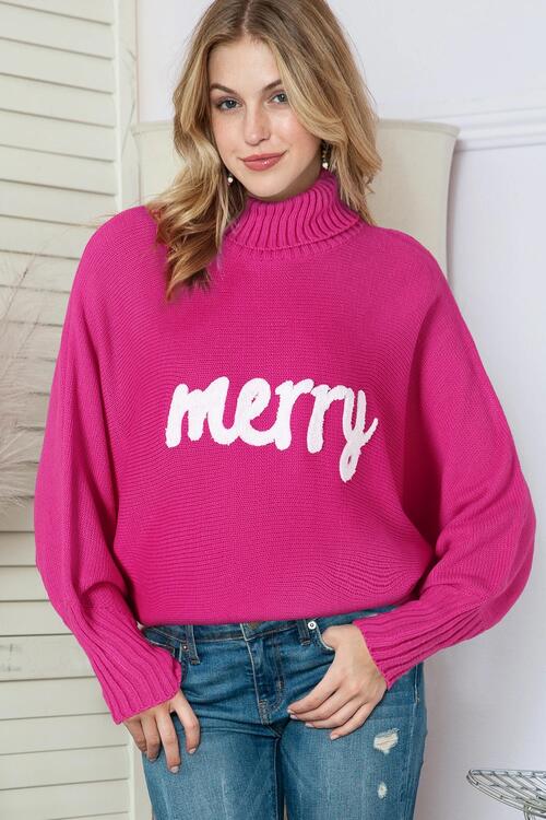 Merry Letter Embroidered High Neck Sweater - Create the impossible