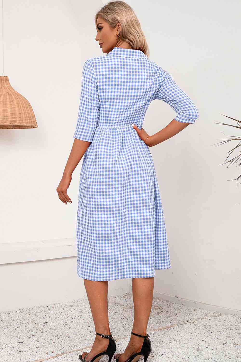 Plaid Collared Neck Midi Dress - Create the impossible