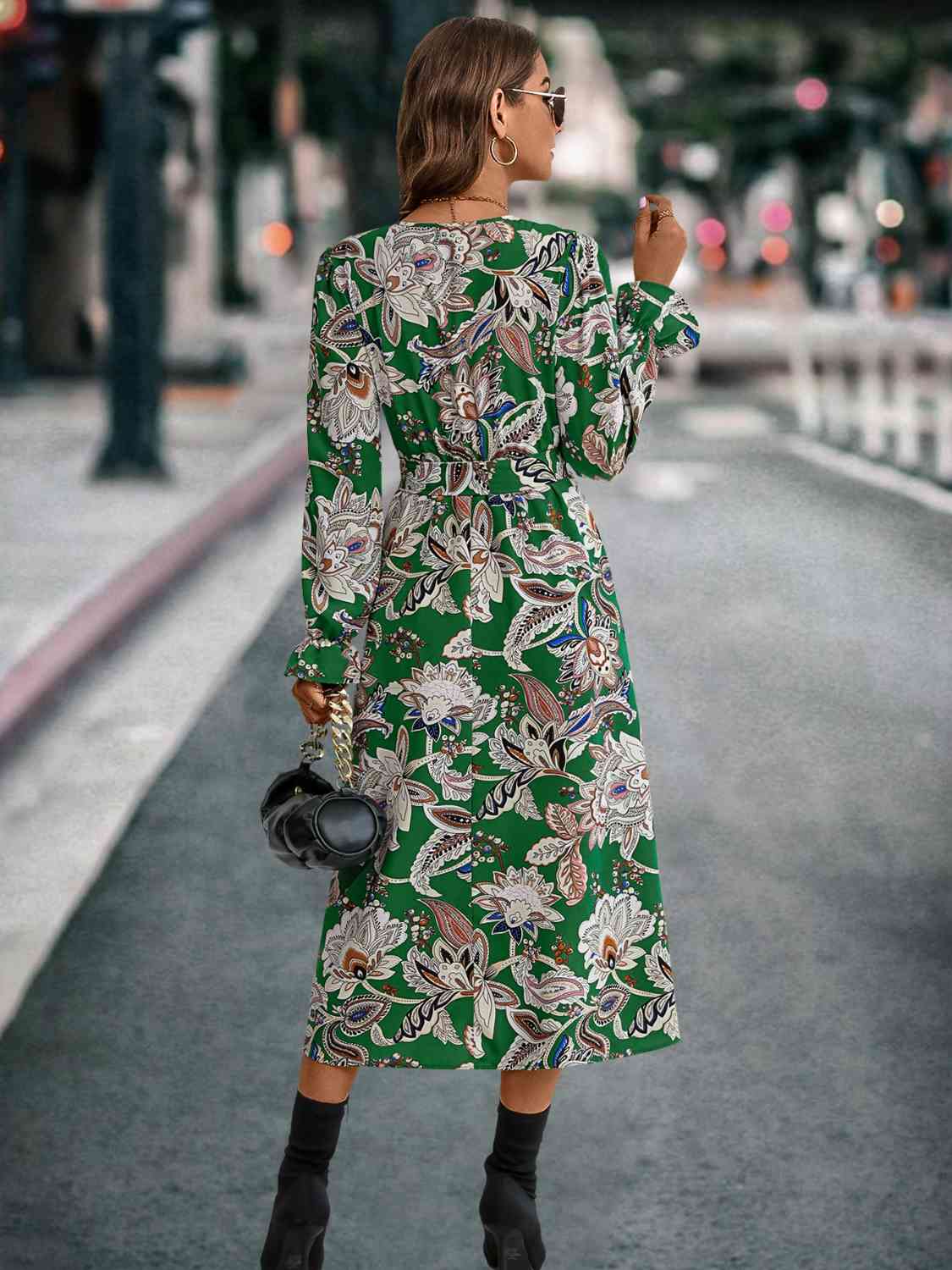 Printed Tie Front Surplice Flounce Sleeve Dress - Create the impossible