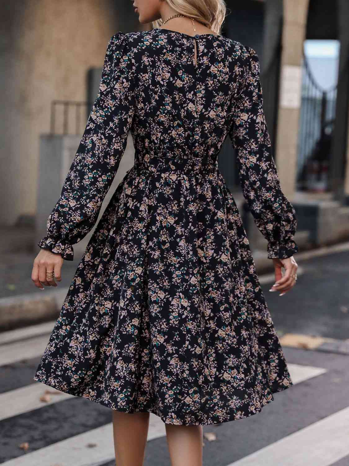 Printed Tie Belt Balloon Sleeve Dress - Create the impossible