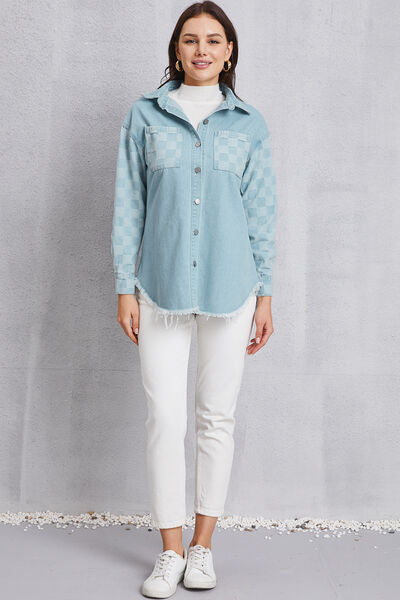 Raw Hem Checkered Dropped Shoulder Denim Jacket