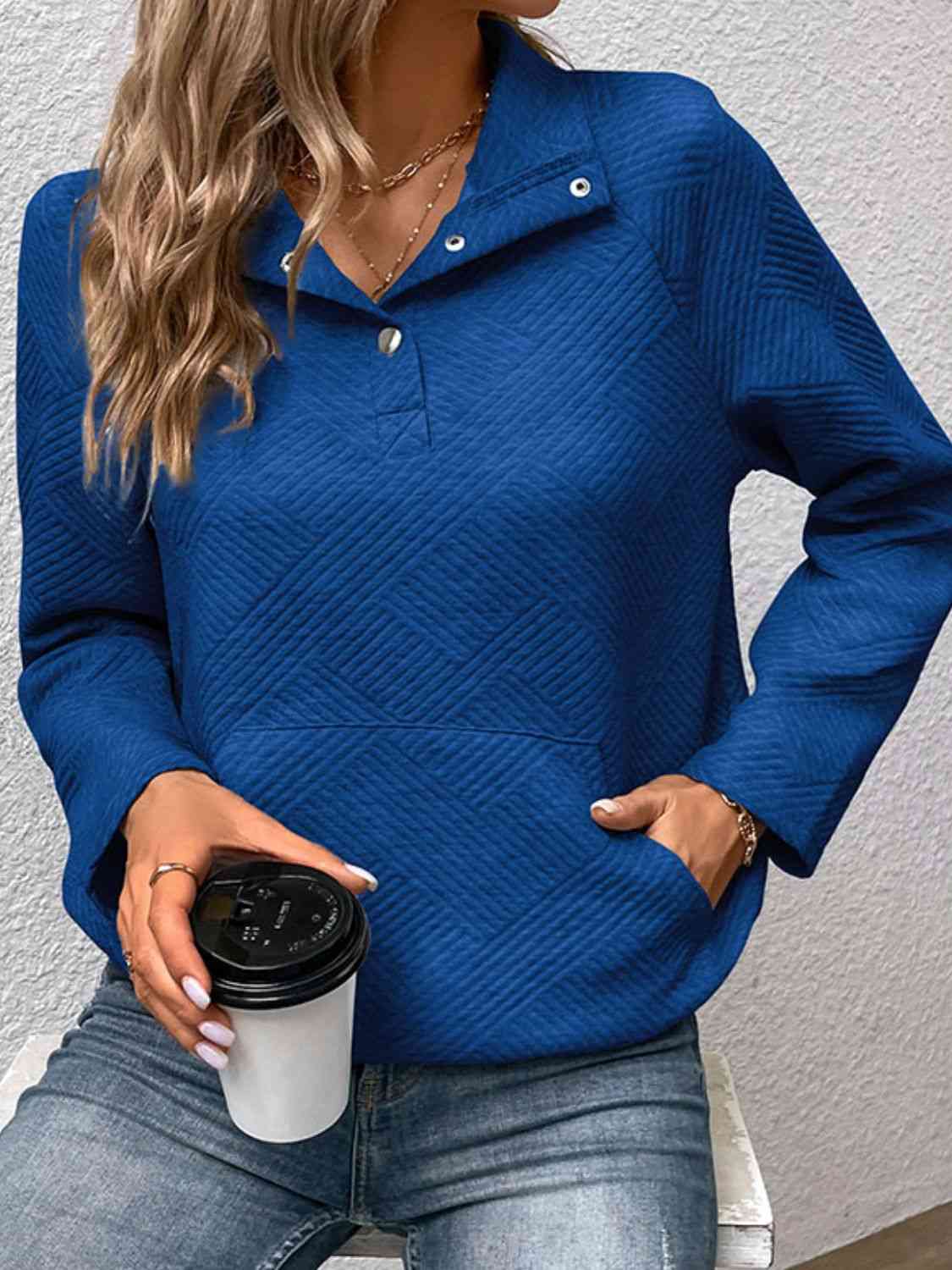 Half Buttoned Collared Neck Sweatshirt with Pocket - Create the impossible
