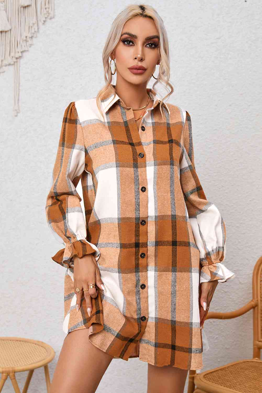 Plaid Collared Neck Flounce Sleeve Shirt Dress - Create the impossible