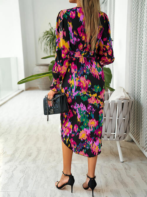 Printed Tie Front Lantern Sleeve Dress - Create the impossible