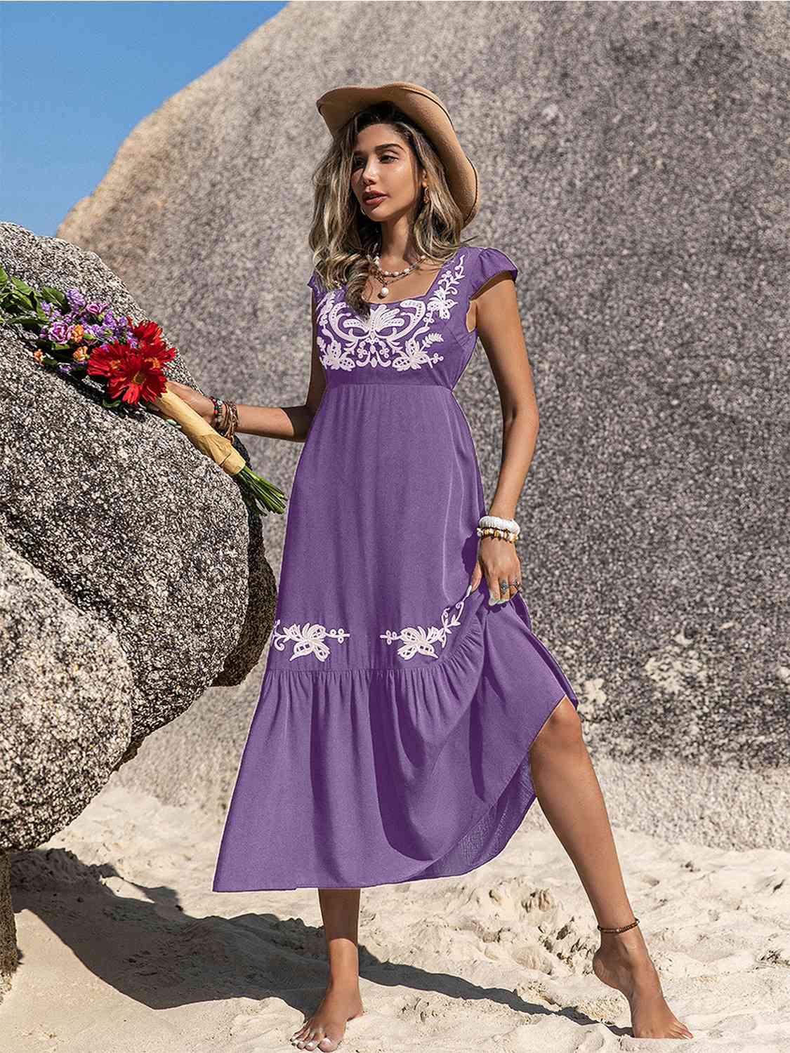 Embroidered Square Neck Ruffle Hem Dress - Create the impossible