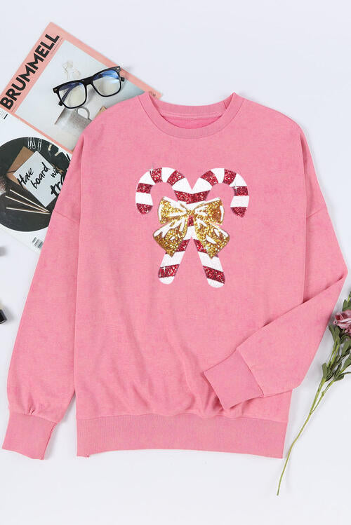 Sequin Candy Cane Round Neck Slit Sweatshirt - Create the impossible