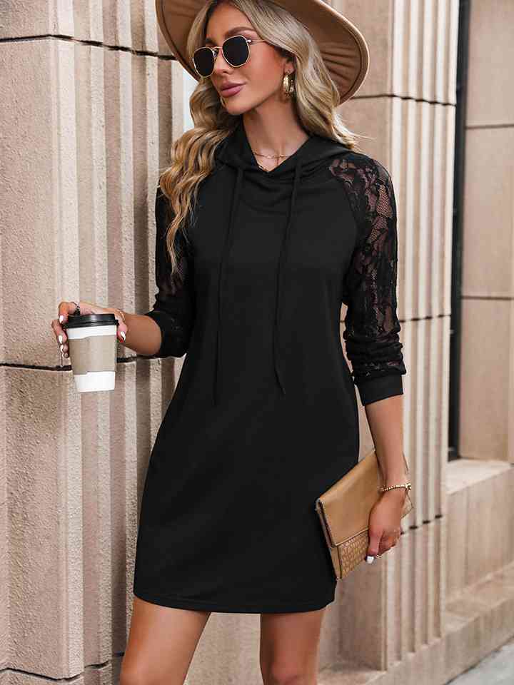 Lace Trim Long Sleeve Hooded Dress - Create the impossible