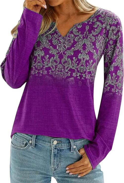 Printed Notched Long Sleeve T-Shirt - Create the impossible