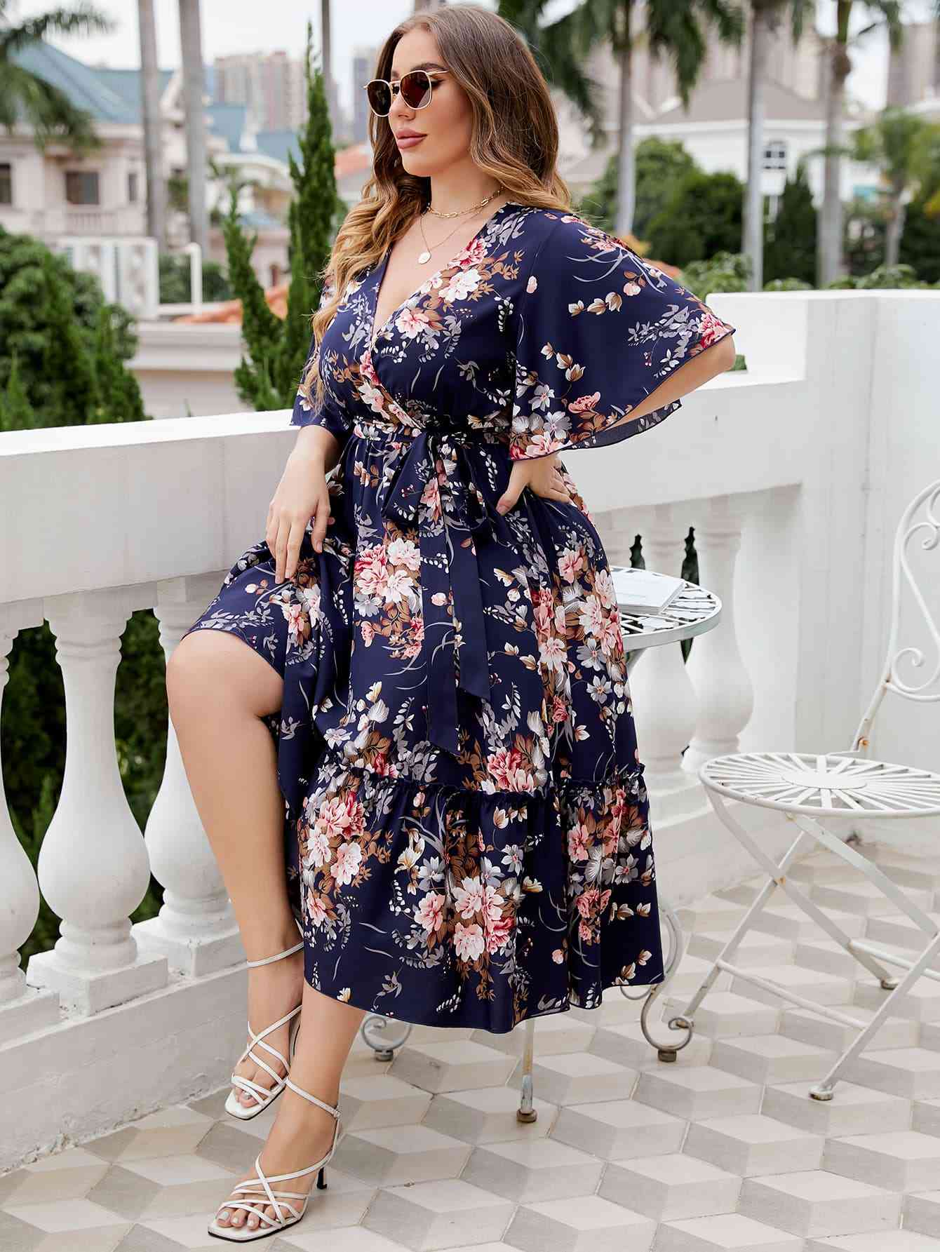 Plus Size Floral Surplice Neck Midi Dress - Create the impossible