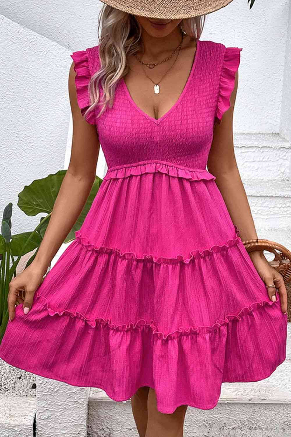 Smocked Frill Trim Deep V Dress - Create the impossible