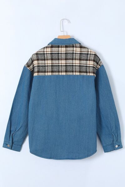 Plaid Pocketed Button Up Denim Jacket - Create the impossible