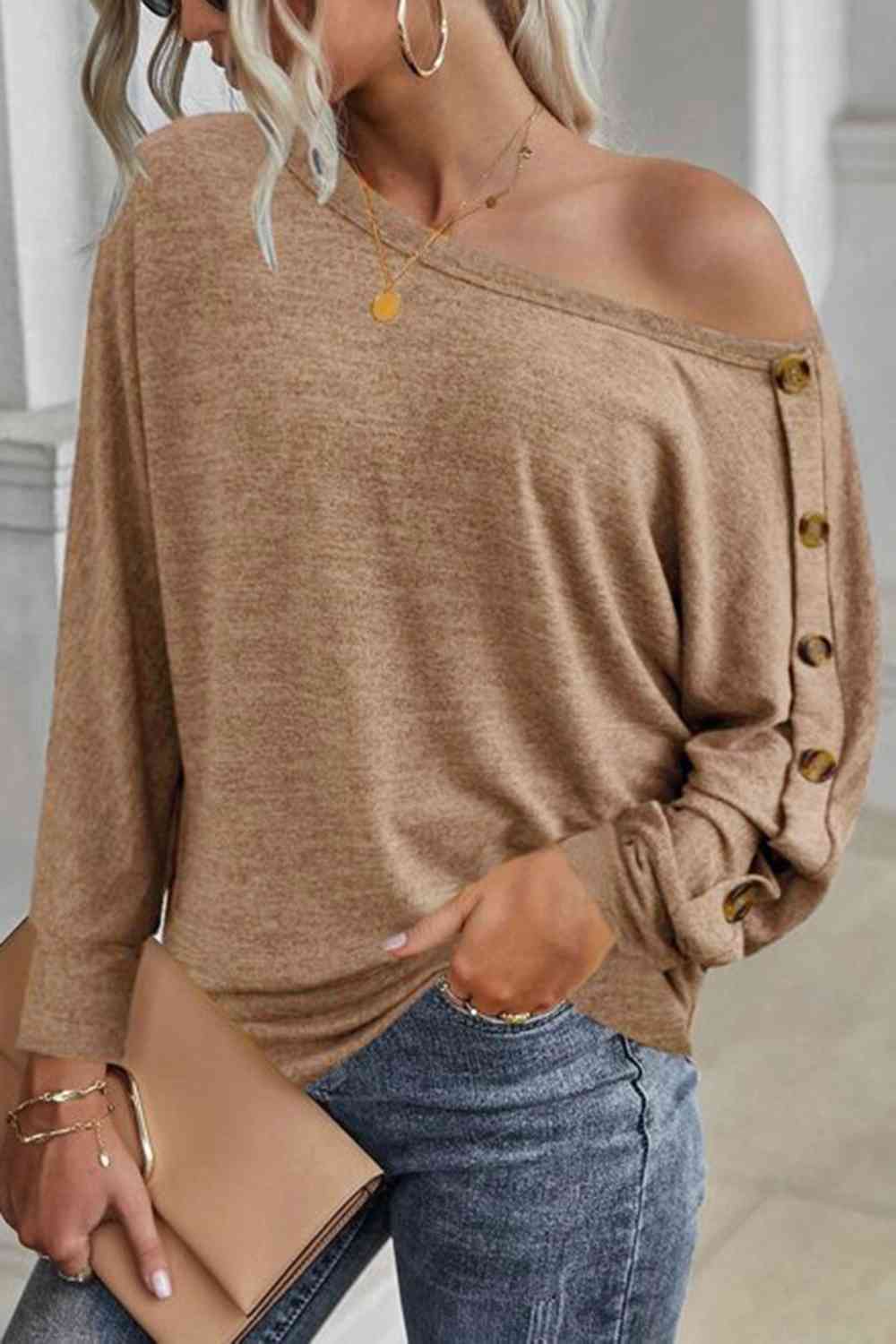 Boat Neck Buttoned Long Sleeve T-Shirt - Create the impossible