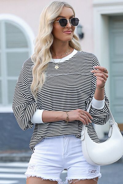 Striped Round Neck Dropped Shoulder Sweatshirt