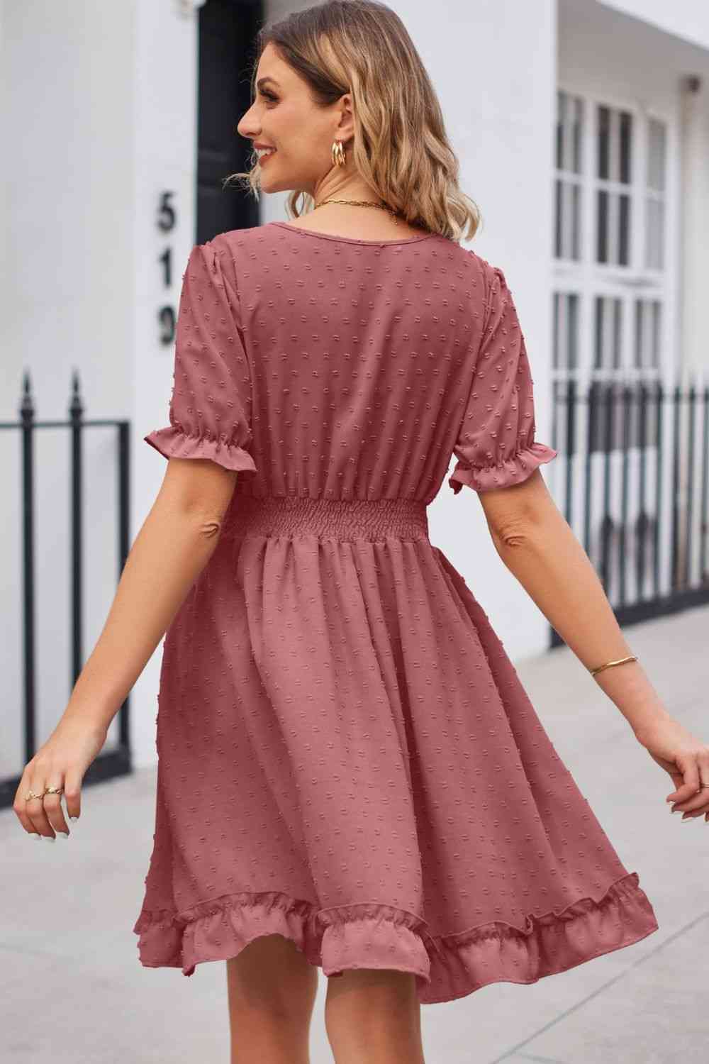 Swiss Dot Frill Trim Flounce Sleeve V-Neck Dress - Create the impossible