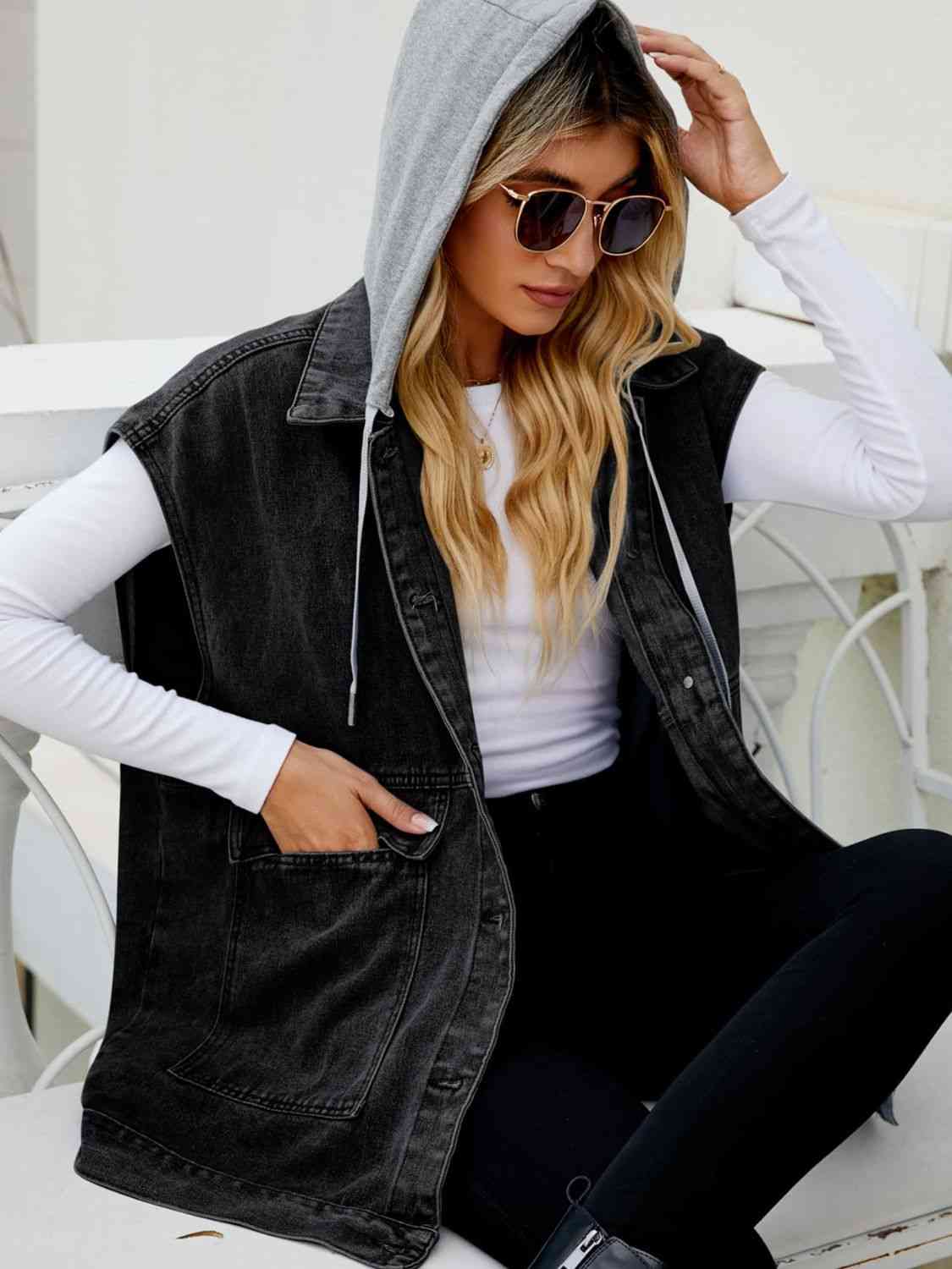 Hooded Sleeveless Denim Top with Pockets - Create the impossible