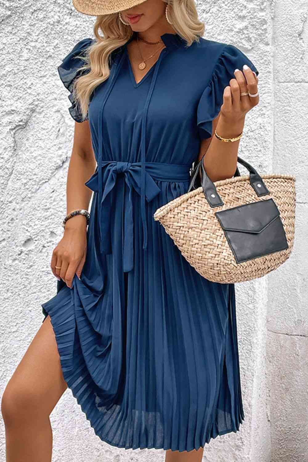 Tie Neck Belted Pleated Dress - Create the impossible