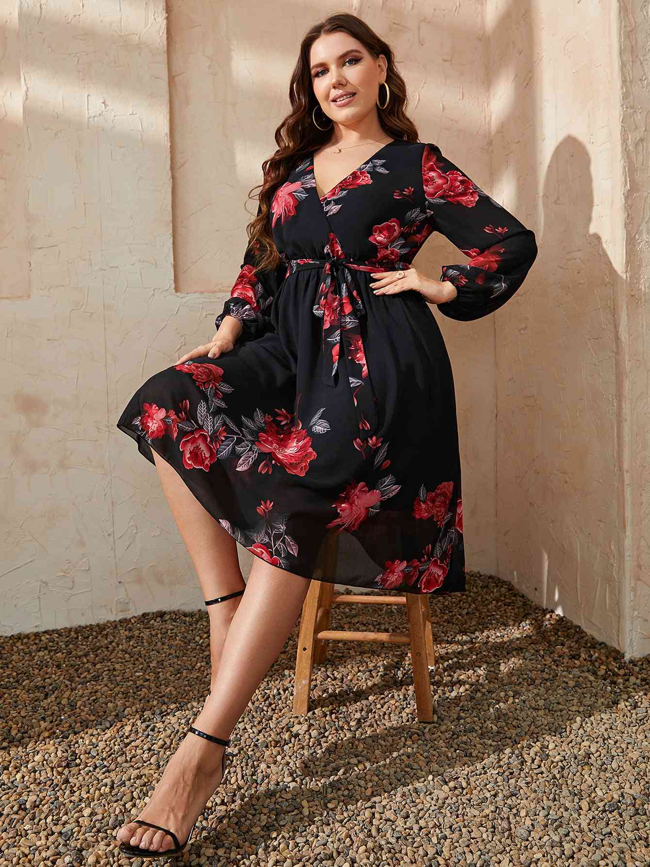 Plus Size Floral Surplice Neck Tie Waist Dress - Create the impossible