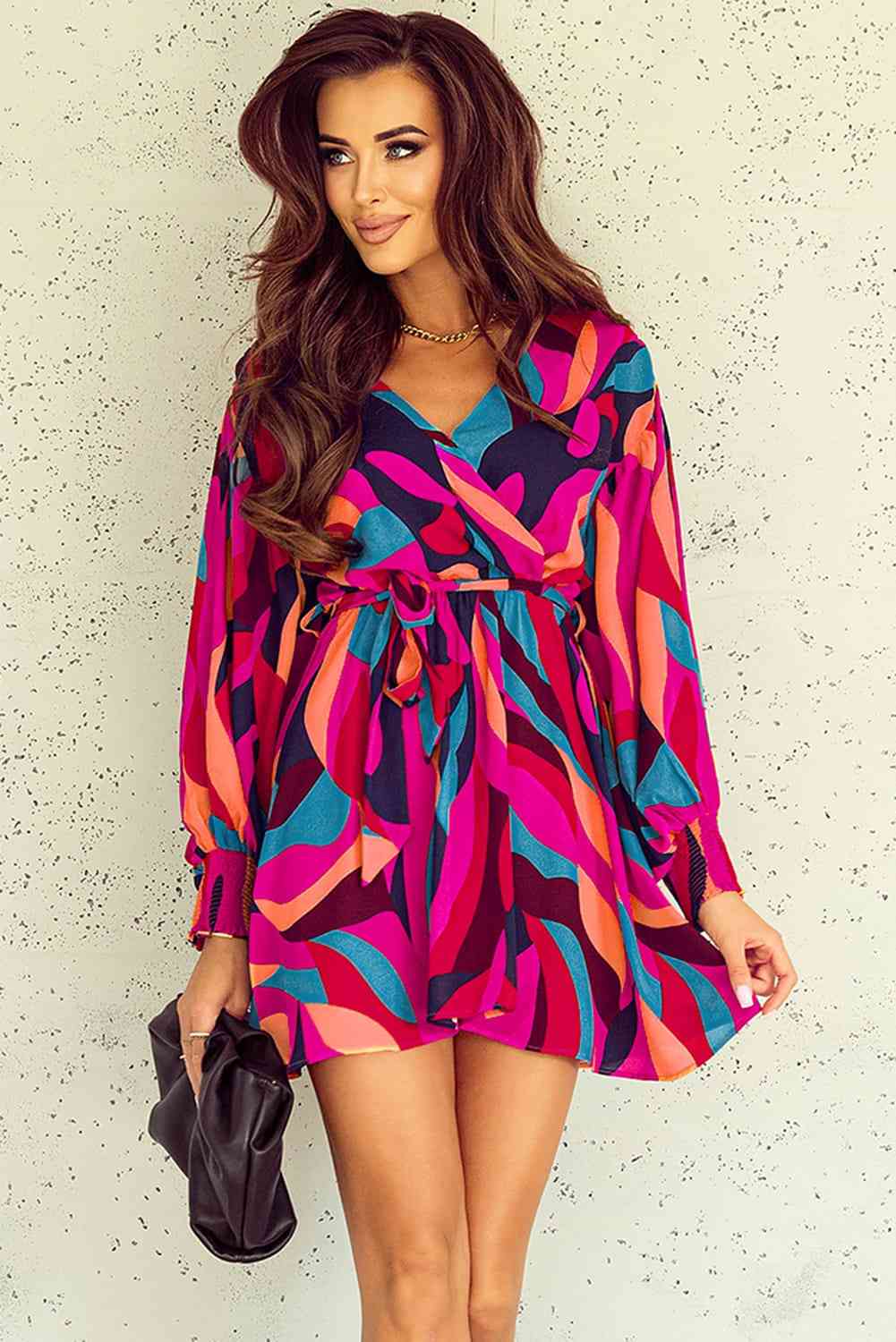 Printed Surplice Neck Tie Waist Dress - Create the impossible